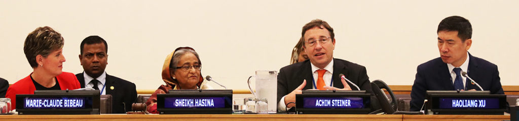 UNDP Administrator Achim Steiner (3rd from left) together with her excellency Sheikh Hasina, Honorable Prime Minister of Bangladesh, the Hon. Marie-Claude Bibeau, Canada’s Minister of International Development, and UNDP Asia-Pacific Director Haoliang Xu, at the launch of the Build Bangladesh-UNDP SDGs Impact Fund. UNDP Photo.
