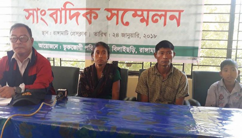 Usuching Marma and Secraching Marma, parents of two rape victims, speak at a press conference at Rangamati press club on Wednesday.-- New Age photo